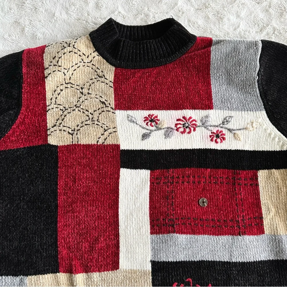 Vintage Alfred Dunner Sweater Womens 2X Red Black Colorblock Floral Retro READ - Picture 3 of 11